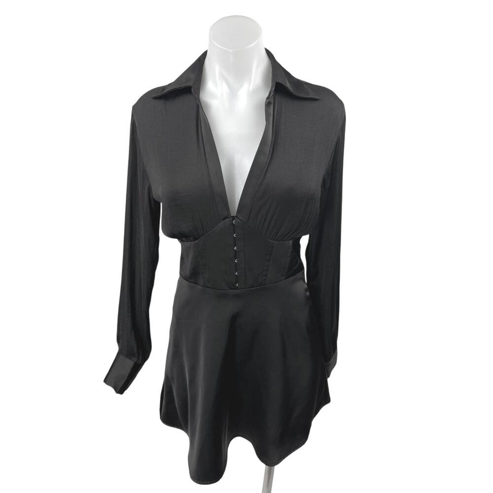 Urban Outfitters Black Long Sleeve Deep V-Neck Corset Bustier Mini Shirt Dress S